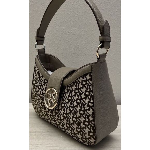 DKNY Bryce Demi Jacquard Monogram Logo Shoulder Bag Brown Beige Taupe - Picture 8 of 9